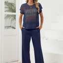 Women Two Piece Outfits Crochet Sheer Knit Sweater Top Wide Leg Pants Lounge Matching Sets Sweatsuit Travel Clothes