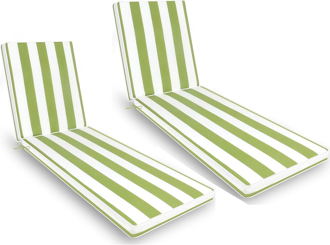 2-Pack Chaise Lounge Chair Cushions, Waterproof/Fade Resistant, Outdoor Indoor Use for Patio, Backyard, Poolside & Deck(2, Green & White Stripe)