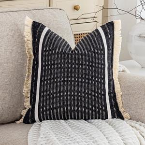 CARRIE HOME Modern Farmhouse Black and White Striped Pillow Cover 18x18 with Tassels 1 Pack, Black Throw Pillows for Couch Room Decor, Black Boho Decorative Cotton Woven Accent Pillow Covers 18 x 18
