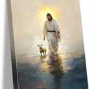 Jesus Walking on Water Canvas Wall Art with Lamb Jesus Picture for Wall Christian Painting Poster for Living Room Bedroom Dining Room Church Decor 16 * 24 IN(Stretched Canvas on A Wooden Frame)