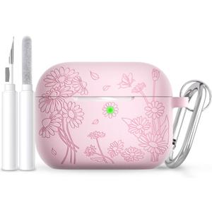 2 x for AirPods Pro 3 Case (2025) DamonLight Daisy Floral Engraved Shockproof Protective Soft Silicone Case Cover with Cleaning Pen and Keychain for Apple Airpods Pro 3rd Generation (Pink)