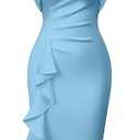 Memoriesea Women's Vintage Church Ruffle Sleeve Ruched Bodycon Work Midi Pencil Dress Light Blue L