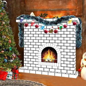 Christmas Cardboard Fireplace Prop 41  35 Inches 3D Artificial DIY Red Brick Cardboard Fireplace with Fire Flame Garland Socks Card Fake Centerpiece Backdrop for Christmas Party Decor (White)