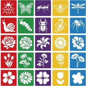 CUTHOLLOW 25PCS Floral&Insects Pattern Painting Shape Stencils Sets - 8 Inch Reusable&Washable Drawing Template, Different Primary Themed Sidewalk Chalk Art Stencils Kit for Craft Room Wall Paper