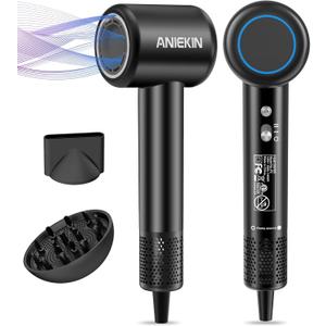 Hair Dryer, High-Speed Ionic Low Noise Blow Dryer with Brushless Motor for Fast Drying, Thermo-Control Quiet Compact Hair Blow Dryer with Magnetic Diffuser for Curly Hair for Home Travel Salon (Black)