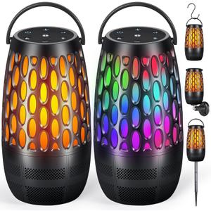 Outdoor Speakers with Flame & RGB Lights, 10W HD Stereo, Bluetooth 5.3 Auto-Pairing, Multi-Sync 100+ Speakers, IPX6 Waterproof, Perfect for Patio, Pool, Party | Gifts for Men & Women (2Pack)