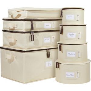 China Storage Hard Shell Containers 8-Piece Set Moving Boxes for Dinnerware, Glasses, Plates, Mugs and Saucers Sturdy Dish Organizer with Dividers for Seasonal Storage - Service for 12 - Beige