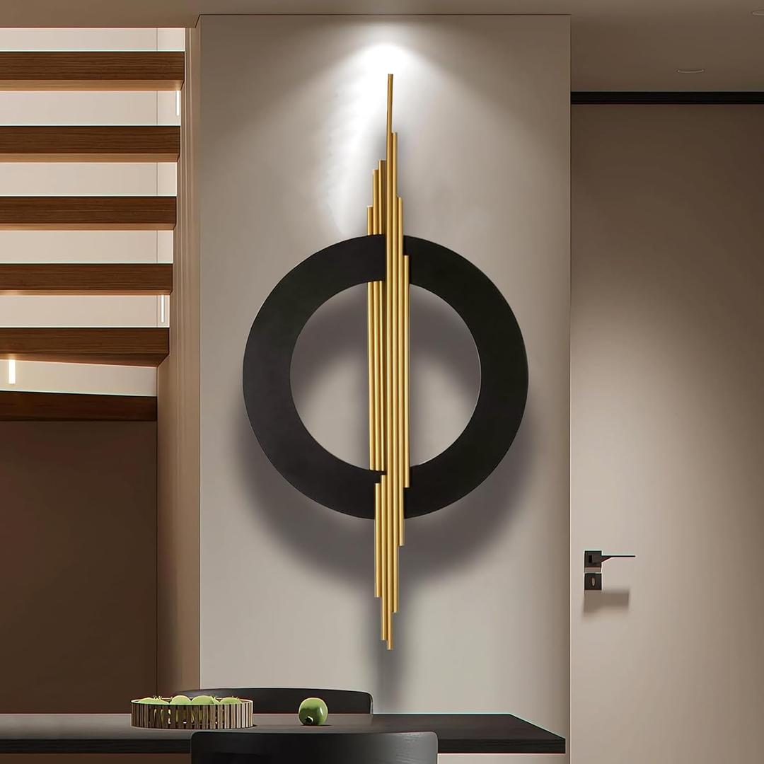 JFUJFU Large Black And Gold Metal Art 3d Wall Decor with Geometric Round & Line for Living Room & Bedroom, 39"L x 19"W