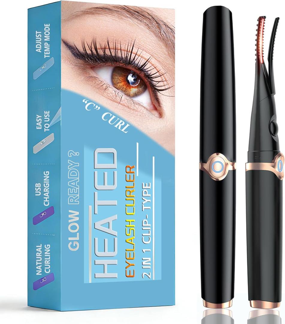 Heated Eyelash Curlers - 2 in 1 Clip- Type Heated lash Curler Best Seller Electric Eyelash Curler 3 Temp Settings for Makeup Tools USB Rechargeable Natural Curling 24H Long Lasting B-1