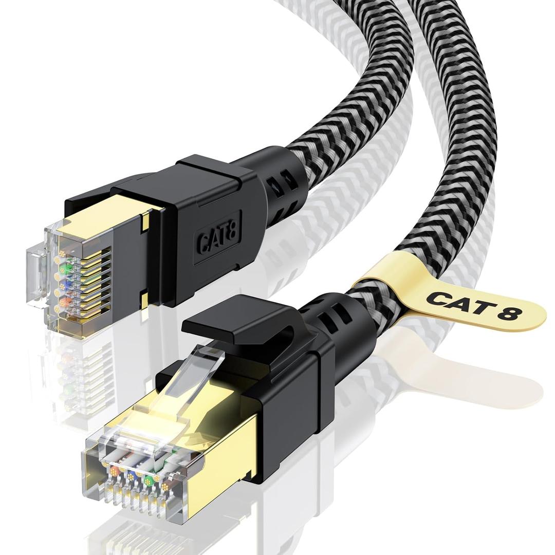 Cat 8 Ethernet Cable 50FT, High-Speed Braided Internet Cable Network Cord with Gold Plated RJ45 Connector 40Gbps 2000Mhz Heavy Duty LAN Cable Shielded Indoor