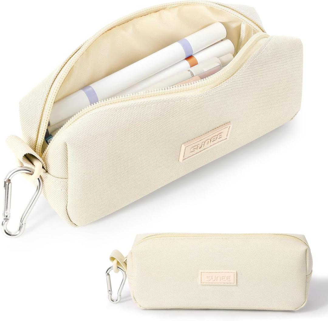 SUNEE Small Pencil Case for Girls & Boys, Pencil Pouch Pen Bag Coin Pouch with Durable Oxford Fabric Marker Pen Case for School Supplies Office Stationery Organizer, Beige