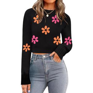 Zeagoo Women's 2026 Fall Crewneck Cropped Sweater Trendy Long Sleeve Ribbed Knit Pullover Jumper Tops (Z-black-flower) Size S