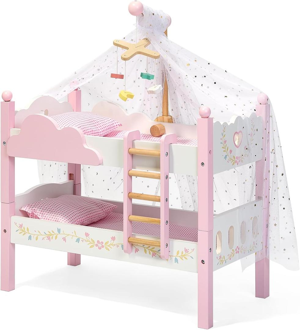 OOOK 2-in-1 Baby Doll Bunk Bed for 18 Inch Doll with Tulle, Bedding, Ladder