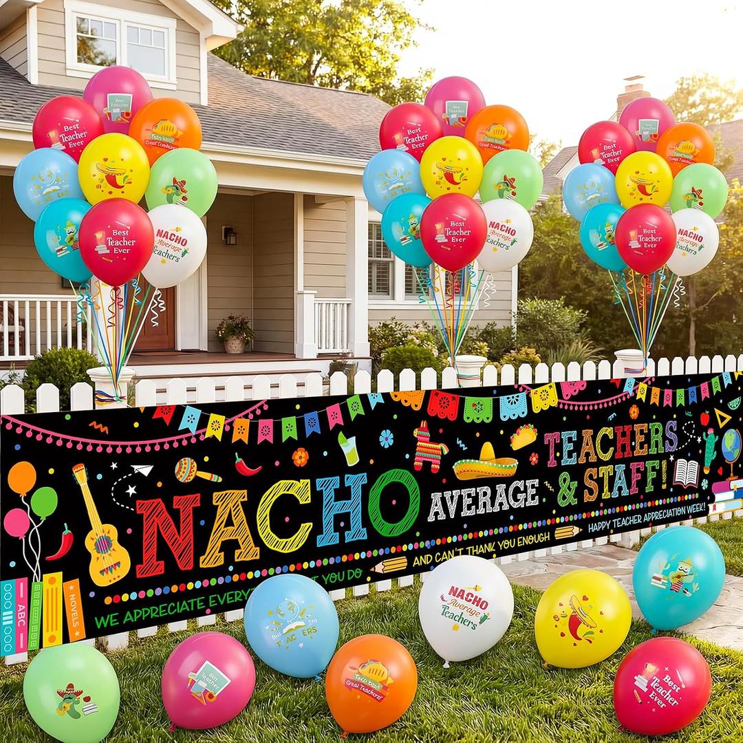 Moukeren Teacher Appreciation Decorations Nacho Average Teacher Banner with 24 Balloons Thank You Staff Yard Sign Cinco De Mayo Party Supplies for Indoor Outdoor School Office Gift