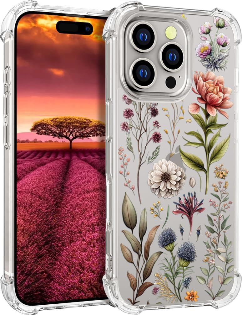 Compatible with iPhone 16 Pro Case Designer Cute Clear for Women,Silicone Phone Cover Cases Design (Botanical Flowers Leaves Herbs)