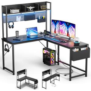 94.5'' Gaming Desk Computer Desk with Storage, L Shaped Desk with Power Outlet & LED Strip, Office Desk with Pegboard, Corner Deck for Home Office Black
