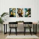 3Pcs Framed Lion Floral Canvas Wall Art Regal Lion Focus Creamy White Golden Blooms Teal Green Backdrop Artistic Blend Nature Paintings Prints Posters Pictures Wall Decor Living Room Decoration (12x16)
