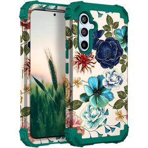 Hocase for Galaxy S24 FE Case, Heavy Duty Shockproof Protection Soft Silicone Rubber+Hard Plastic Bumper Hybrid Protective Case for Samsung Galaxy S24 FE (6.7") 2024 - Teal Flowers