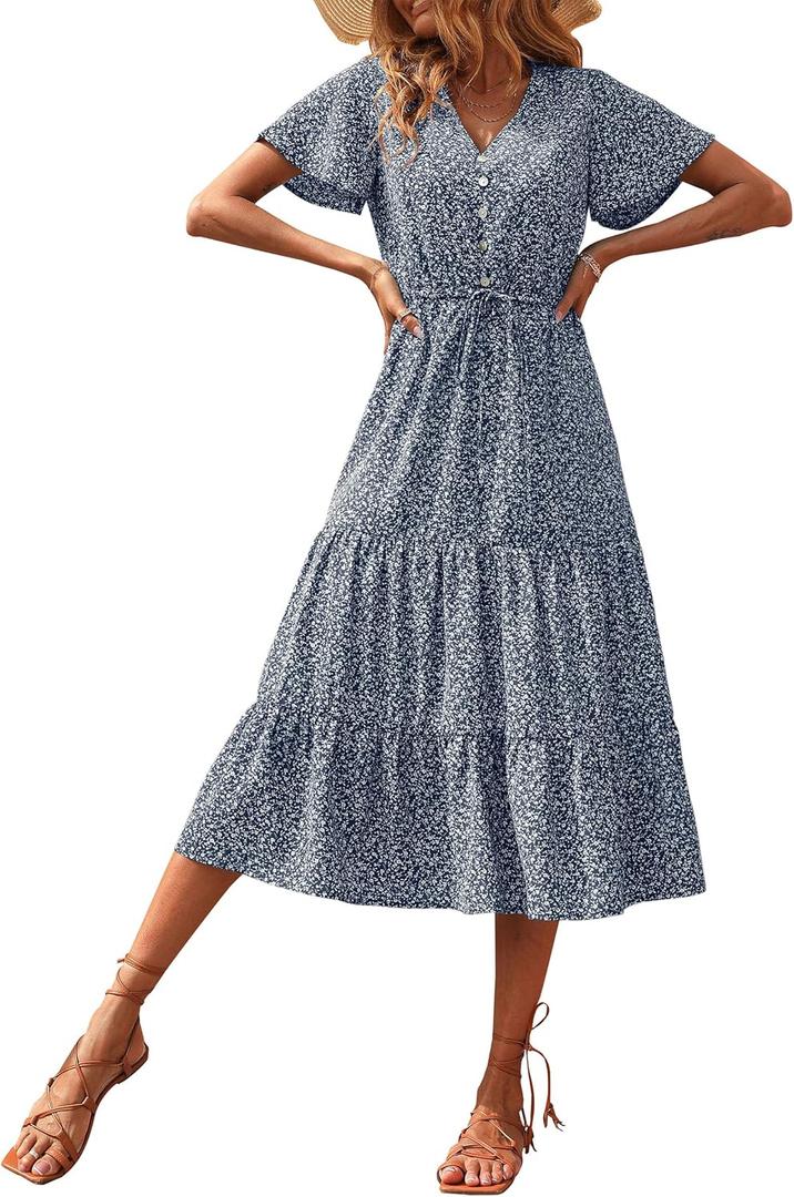 PRETTYGARDEN Floral Dress for Women 2026 Summer Casual Short Sleeve Maxi Dresses V Neck Tiered Flowy Boho Beach Sundress (XX-Large)