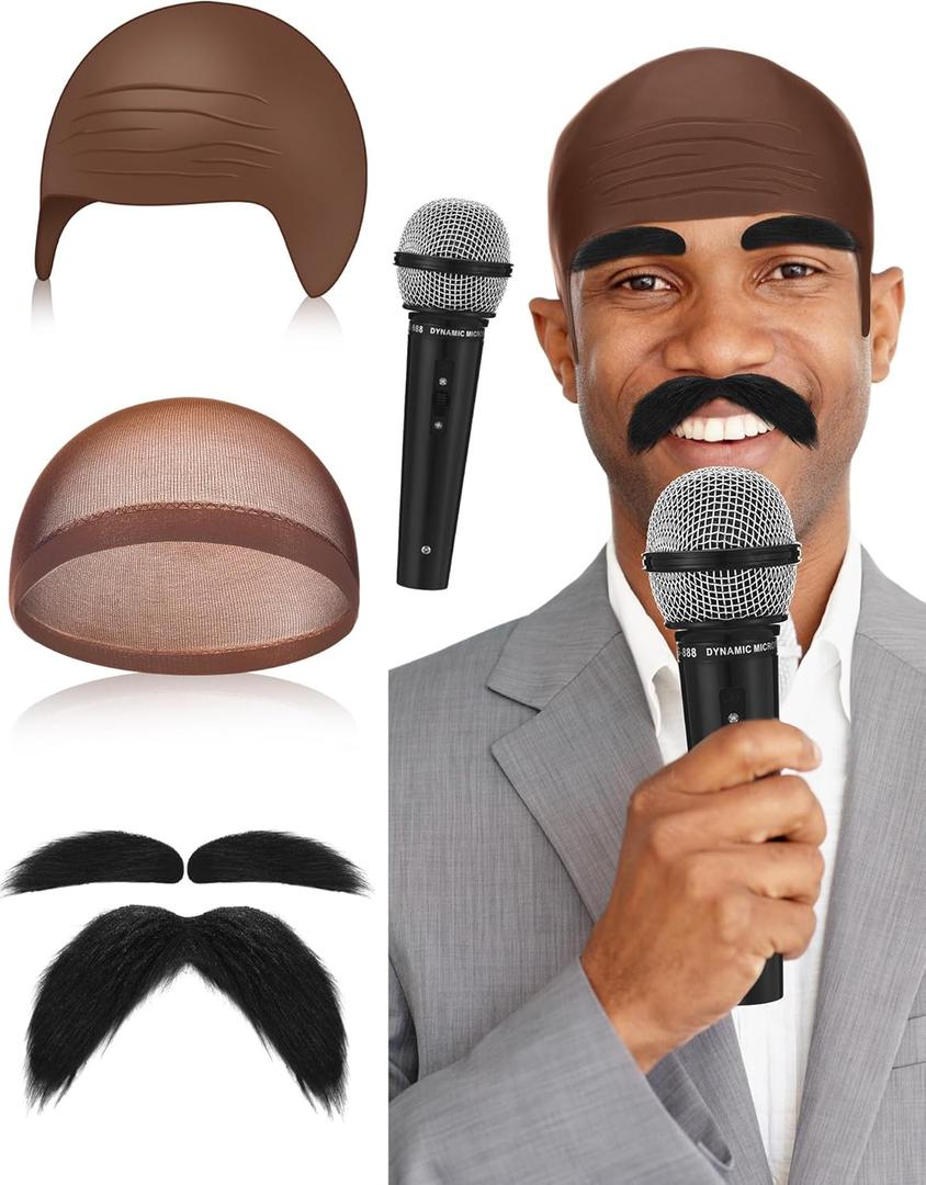5 Pieces Halloween Speaker Costume Include Brown Bald Cap Extended Microphone Mustache Eyebrows for Men, Women, Adults (Black)