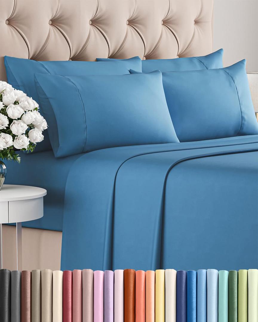 Queen 6 Piece Sheet Set - Comfy Breathable & Cooling - Hotel Luxury Bedding for Women, Men, Kids, Teens & Children - 1 Flat & 1 Fitted Sheet & 4 Pillowcases w/ Deep Pockets - Wrinkle Free - Denim Blue