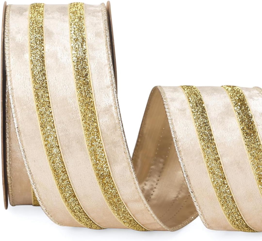 Ribbli Light Champagne Velvet Wired Ribbon with Gold Sparkling Stripe 2.5 Inch Christmas Ribbon for Tree Gift Wrapping Wreaths Garland Topper Bows Crafts Home Decor -10 Yards