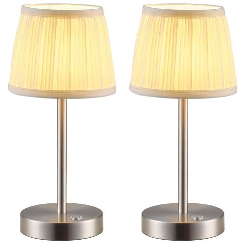 PUSU 2 Pack Cordless LED Nickel Table Lamps, Rechargeable 4000mAh 3 Way Dimmable Bedside Small Lamp with Fabric Shade, Lighting for Bedroom, Kids Room, Bathroom, Kitchen, Decor, Gift, Night Light