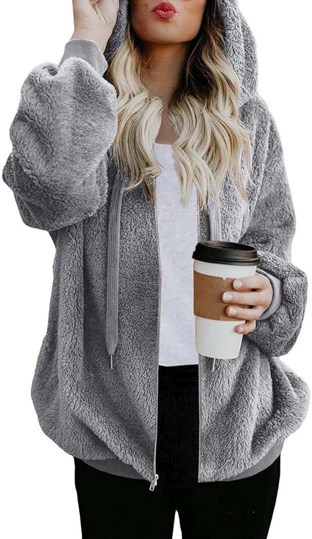 ReachMe Womens Oversized Zip Up Sherpa Jacket with Pockets Fuzzy Hoodie Fleece Sweatshirt Fluffy Coat(Grey, L)
