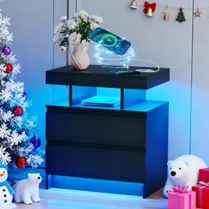 dnbss Nightstand with Charging Station and LED Light, Modern Night Stand with 2 Drawers, Smart Nightstand with USB Ports and Wireless Charger, Bedside Table for Bedroom (Black)