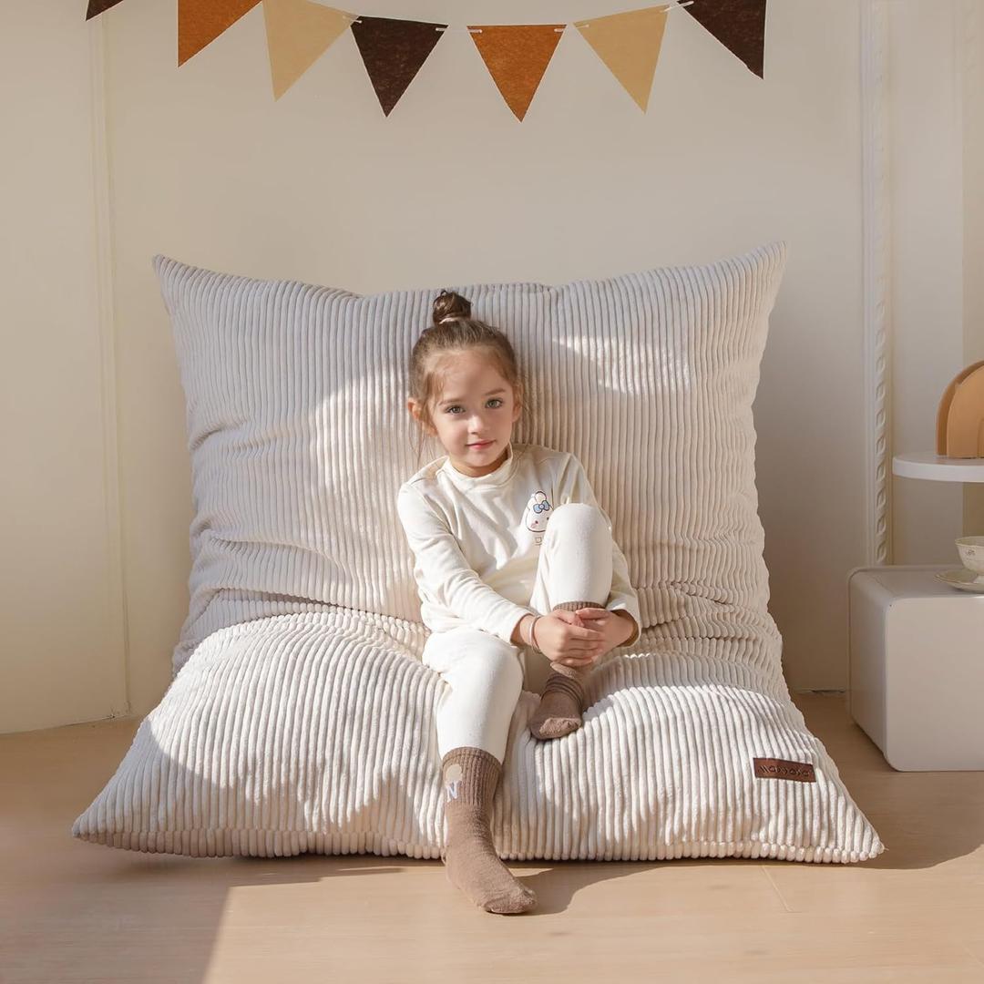 MAXYOYO 3 in 1 Kids Bean Bag Chair Bed, Convertible Chair Folds from Bean Bag to Lounger, Child Floor Sofa for Gaming, Reading, Floor Mattress with High-Density Foam Filling (Beige)