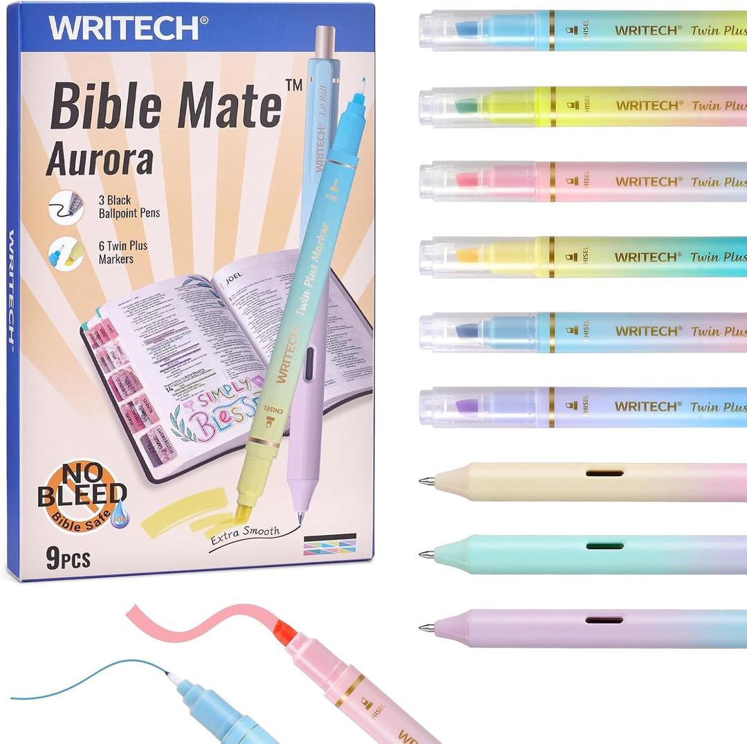 WRITECH Bible Mate Journaling Set: No Bleed Aesthetic Highlighters & 1.0 mm Black Ballpoint Pens, Bible Safe Dual Tip Highlighters, Pastel Colors, Fast-drying Ink, Journaling Kit, 9ct