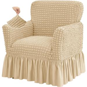 Stretch Seersucker Armchair Slipcovers with Skirt, 1-Piece Chair Cover with Arms, Soft Stretch Accent Chair Slipcovers, Non-Slip Washable Furniture Protector for Living Room Decor (Dark Beige)