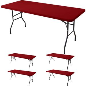 Fitted Tablecloth for 6 Foot Rectangle Tables-4 Pack Red Elastic Outdoor Picnic Table Cover-Spandex Stretch Christmas Table Cloths 6 ft for Camping Dining Room Patio Kitchen Banquet Party