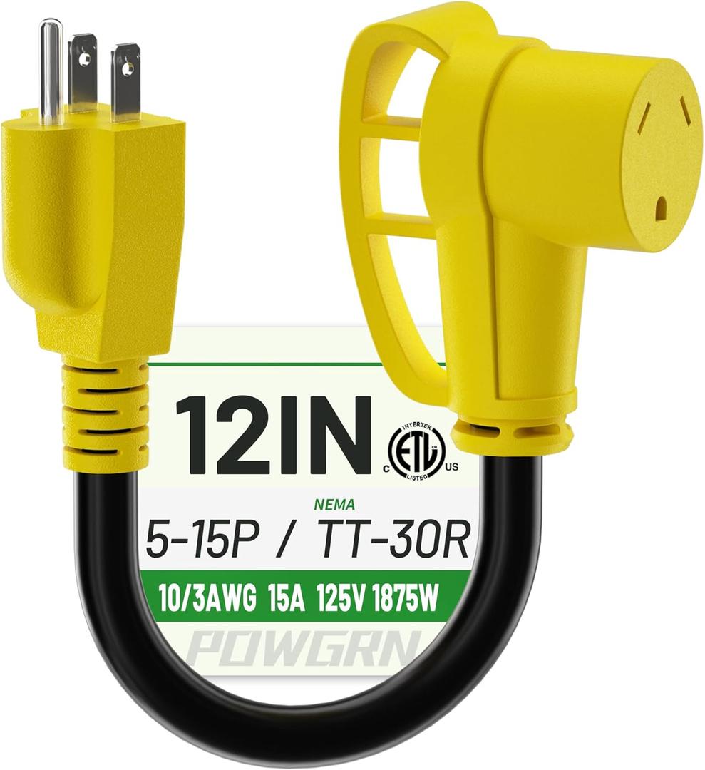 POWGRN RV 30 Amp to 110 Adapter 12 inch, Heavy Duty 10/3 Gauge RV Electrical Adapter, NEMA 5-15P Male to NEMA TT-30R Female, STW 10AWG 15A 125V 1875W, Black-Yellow, ETL Listed, Black