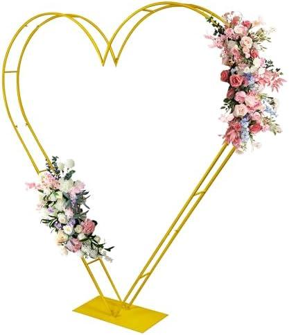 LEALIBAUSS 7FT Metal Double Heart Backdrop Stand Heart Arch Stand for Proposal Wedding Balloon Arches for Ceremony Valentine's Day Birthday Party Decoration (Gold)