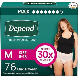 Depend Fresh Protection Adult Incontinence & Postpartum Bladder Leak Underwear for Women, Disposable, Maximum, Medium, Blush, 76 Count (2 Packs of 38), Packaging May Vary