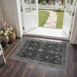 GENIMO Entryway Rug Floral Rug, 2x3 Washable Door Mat Non Slip, Thin Floor Rugs for Entryway Hallway Bathroom Laundry Room Corridor, Charcoal