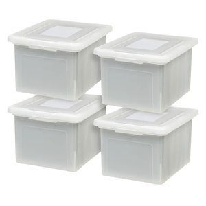 IRIS USA File Box, Plastic File Organizer with Lids for Letter/Legal File, Portable Document Box For Moving, Storage Bin with Durable and Secure Lid, Stackable Nestable BPA-Free, Pearl 35 Qt. 4 Pack