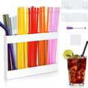 Acrylic Straw Holder for Cabinet Door, Cupboard Reusable Straw Organizer Container, Flexible Removable Drinking Straw Dispenser Storage Box for Kitchen Counter (white)