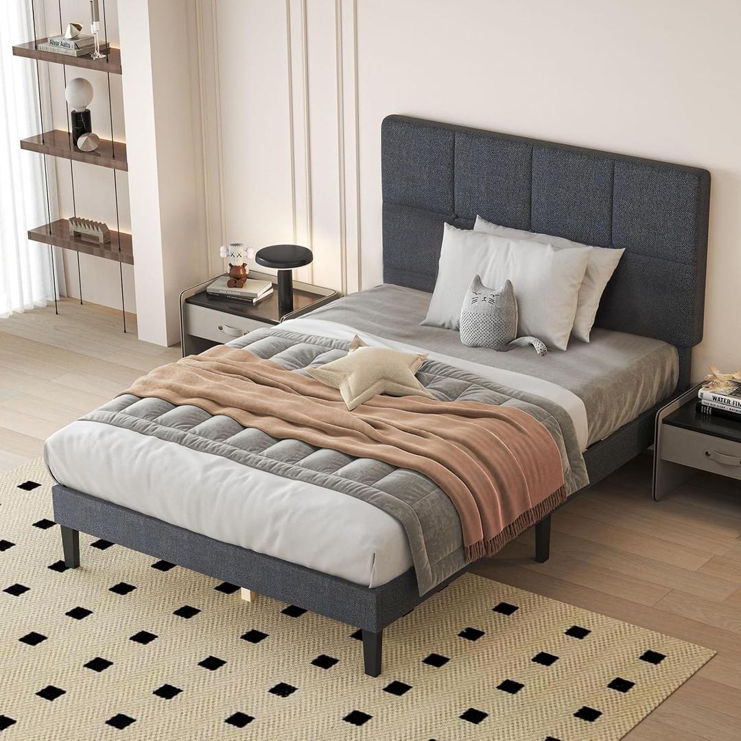 DUMOS Twin Bed Frames with Headboard, Wooden Twin Platform Bed No Box Spring Needed, Fabric Upholstered Bed Frame with Adjustable Headboard, 800LBS Support,Noise Free, Dark Grey