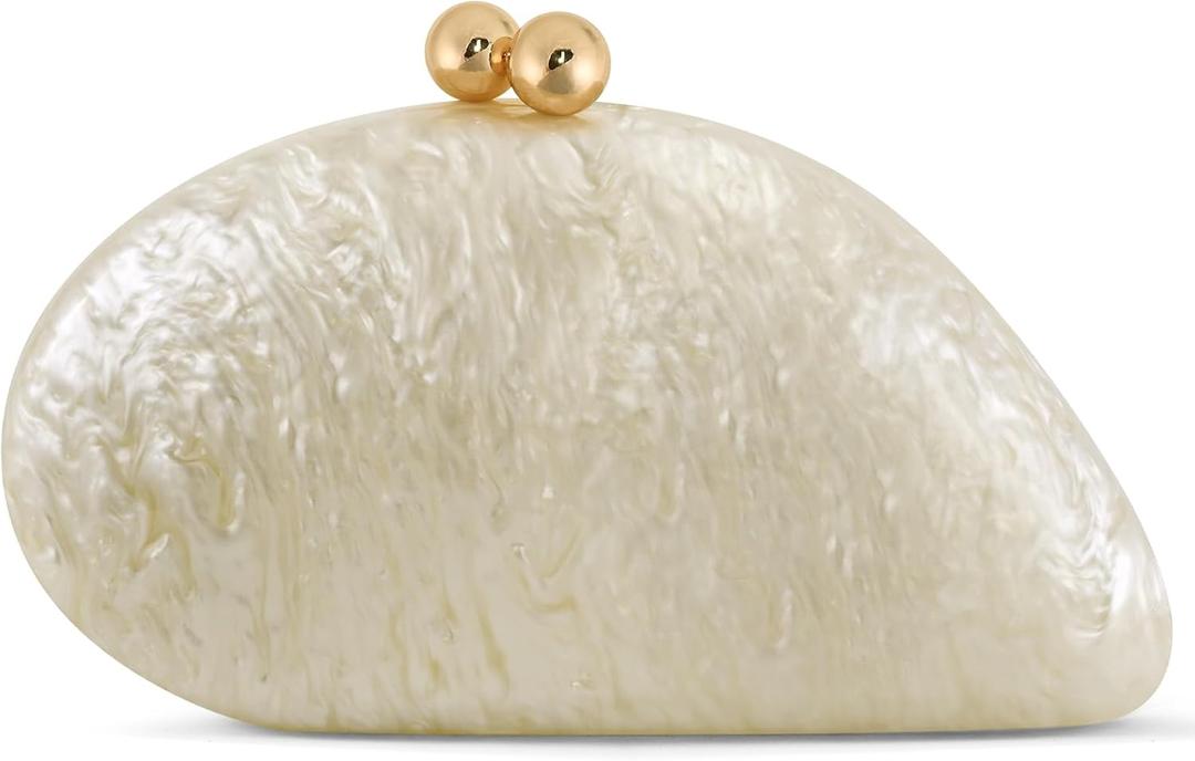 Acrylic Seashell Clutch Purse for Women, Elegant Marble Evening Bag with Gold-Tone Magnetic Clasp, Wedding Party Clutch Handbags, White