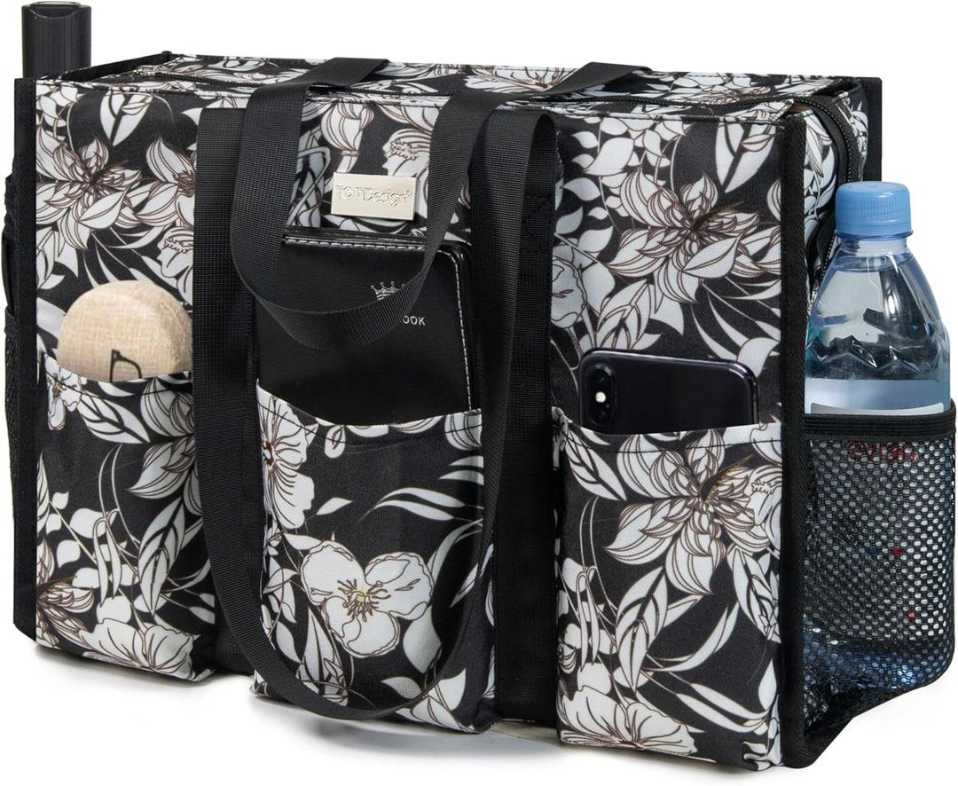 TOPDesign Utility Water Resistant Tote Bag with 13 Pockets, Top Zipper Closure & Thick Bottom Support, for Working Women (Medium, Morning Glory)