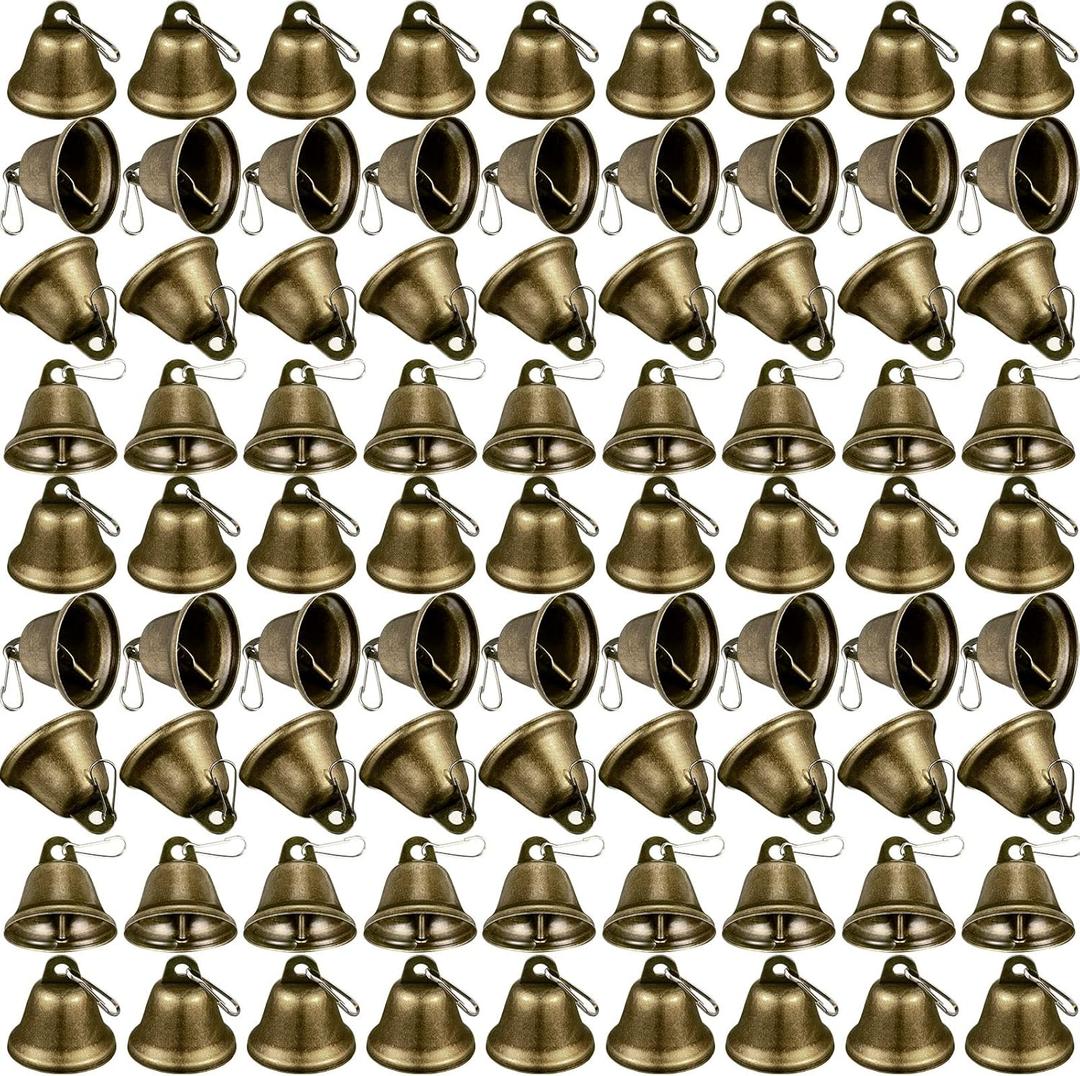Shimeyao 100 Pieces Bronze Bells 1.5 x 1.57 Inch Vintage Small Bells with Spring Hooks for Craft Wind Chimes Dog Potty Training Doorbell Wedding Decor Craft Making Hanging Favor