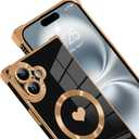 SAKUULO Case for iPhone 16 Cute Plating Case[Compatible with Magsafe] for Women Girls Electroplated Heart Soft TPU Shockproof Camera Protection Bumper Cover for iPhone 16 6.1",Black
