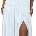 Ekaliy Women's Sexy Halter Deep V Neck Maxi Dress Sleeveless Backless High Slit Ruched Long Dress Summer Party Cocktail Dress (White)