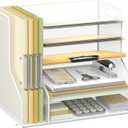 SUPEASY Desk Organizer with File Holder, 5-Tier Mesh Paper Letter Tray with Magazine Holder, Desktop Organizer and Storage for Desk Accessories Office Supplies, White