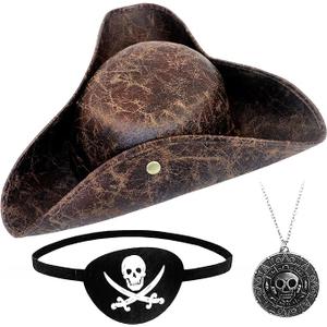 Pirate Hat Costome Accessories for Women Men - Faux Leather Pirate Hats for Woman, Eye Patch & Necklaces - Halloween Tricorn Hat Brown Vintage Wrinkle Distressed