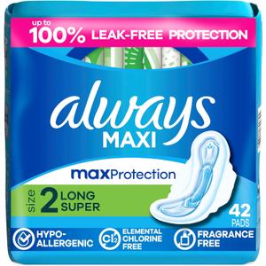 Always Maxi Feminine Pads with Wings for Women, Size 2, Long Super Absorbency, Unscented 42 Count