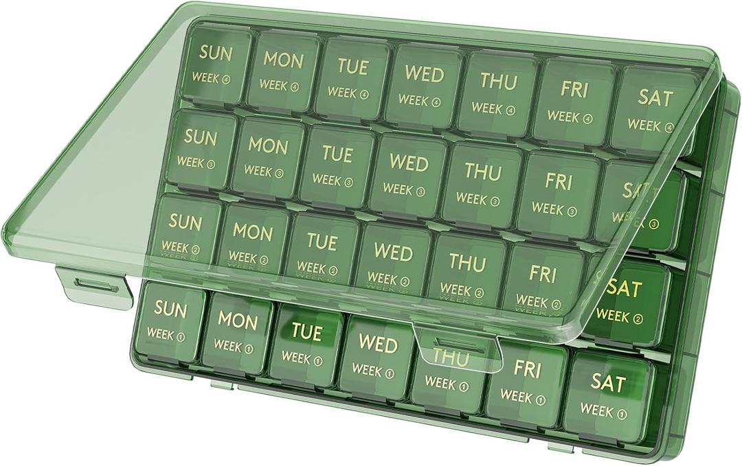 Lifewit Monthly Pill Organizer, 28 Day Pill Box, 4 Weeks One Month Vitamin Cases, Large Compartments Medicine Organizer for Fish Oils, Supplements, 28 Grids, Green