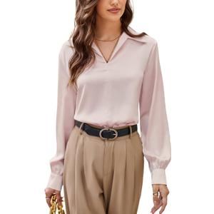 GRACE KARIN Business Casual Tops for Women Satin Silk Blouse Collared V Neck Long Sleeve Work Shirts Dressy Tops Fall Clothes (Medium, Pink)
